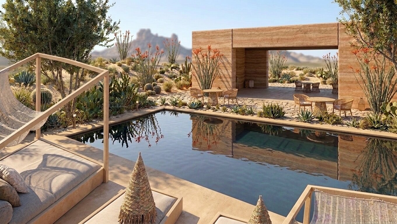 Off-grid rainwater pool with Camel Hump Rock reflection, Diane Lee Resort