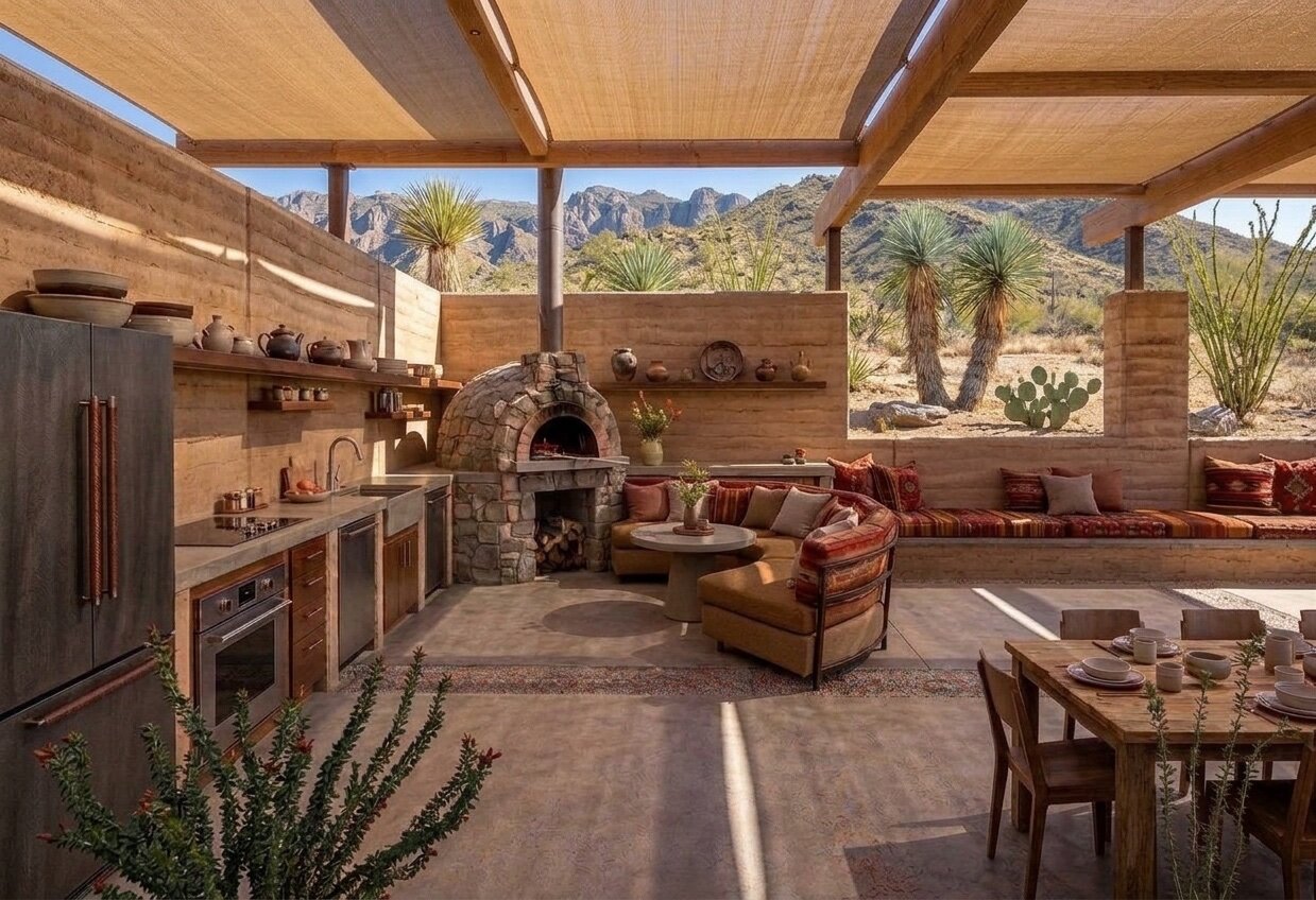 Communal outdoor kitchen with mountain view
