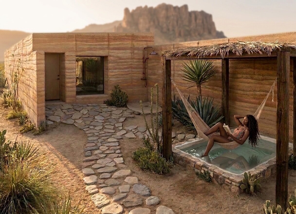 Rammed-earth luxury casita with private plunge pool, off-grid resort Terlingua Texas