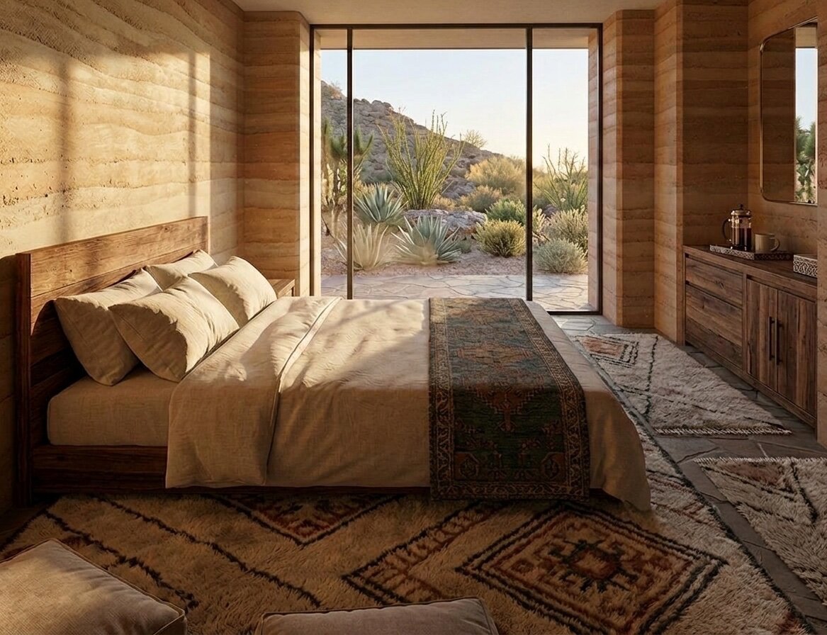 Rammed-earth bedroom interior with desert view