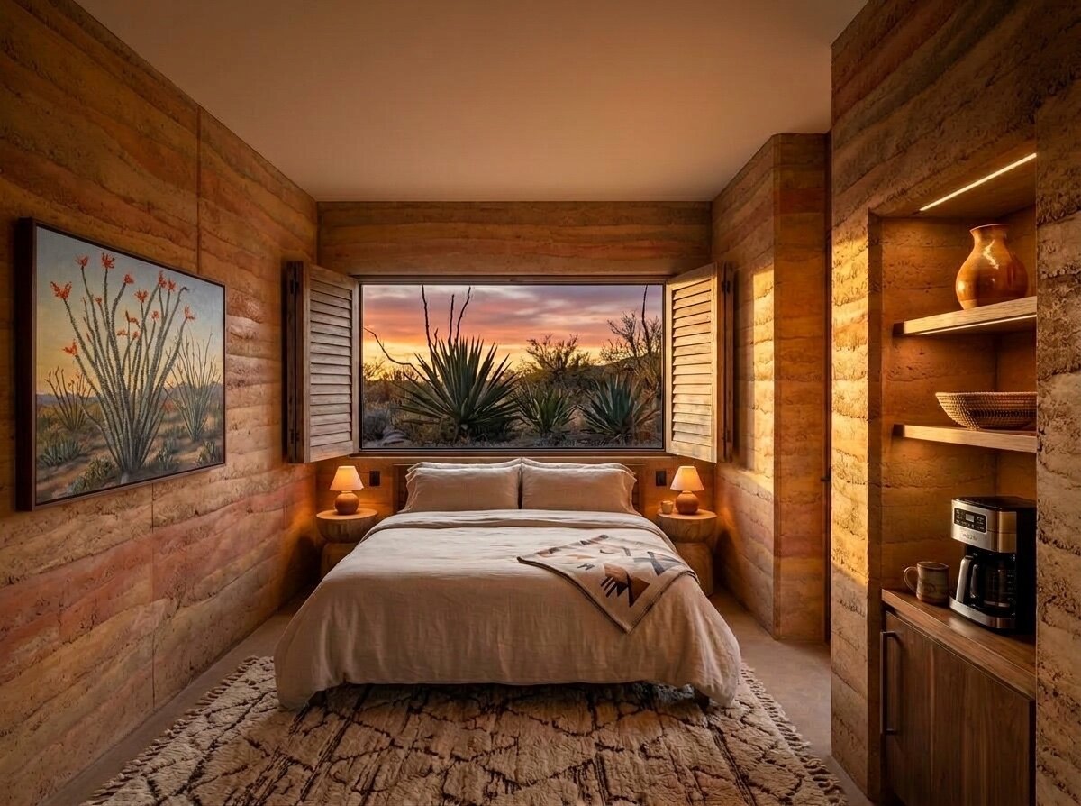 Rooftop casita interior at sunset