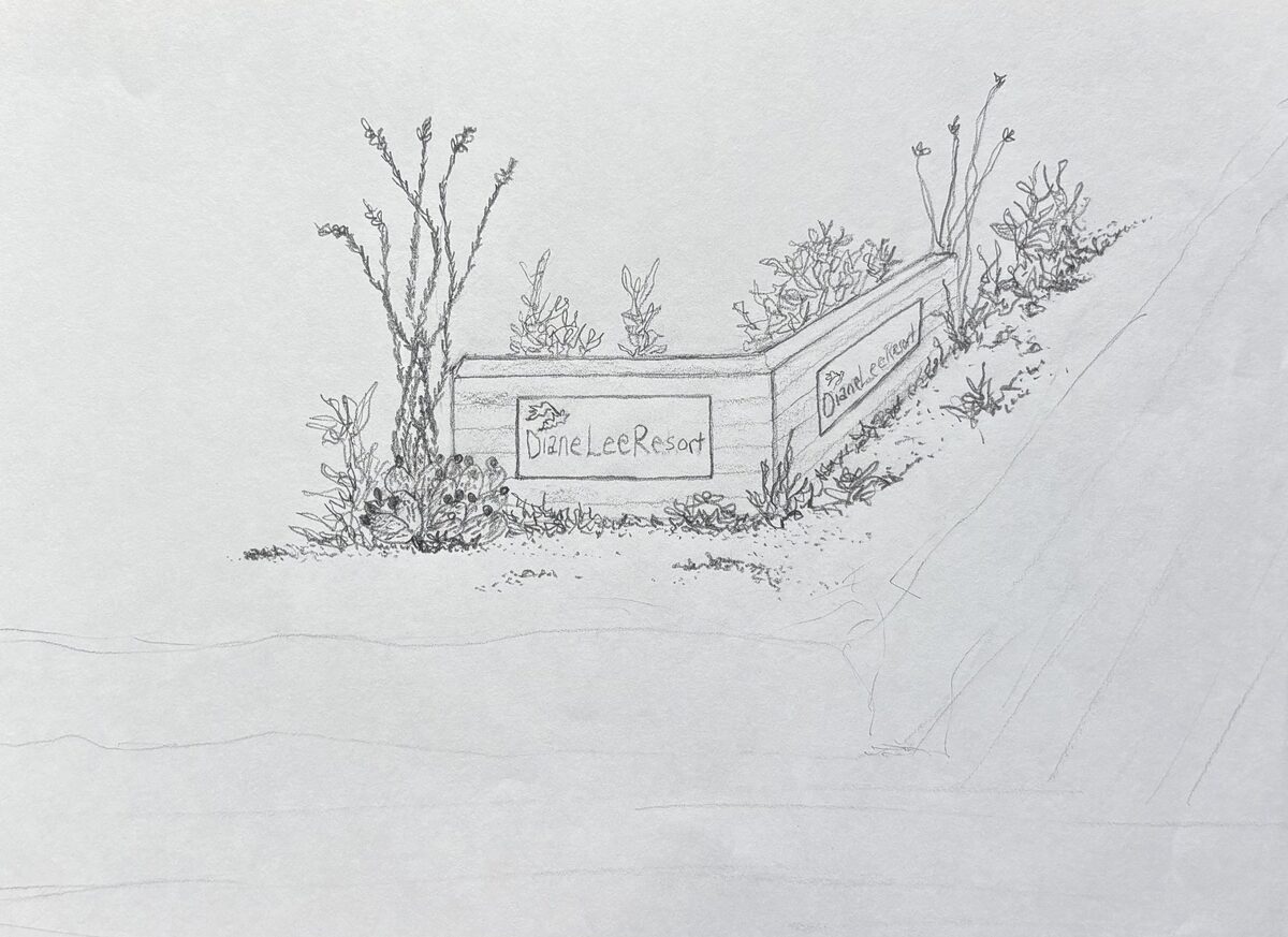 Hand-drawn sketch of the Diane Lee Resort entrance sign