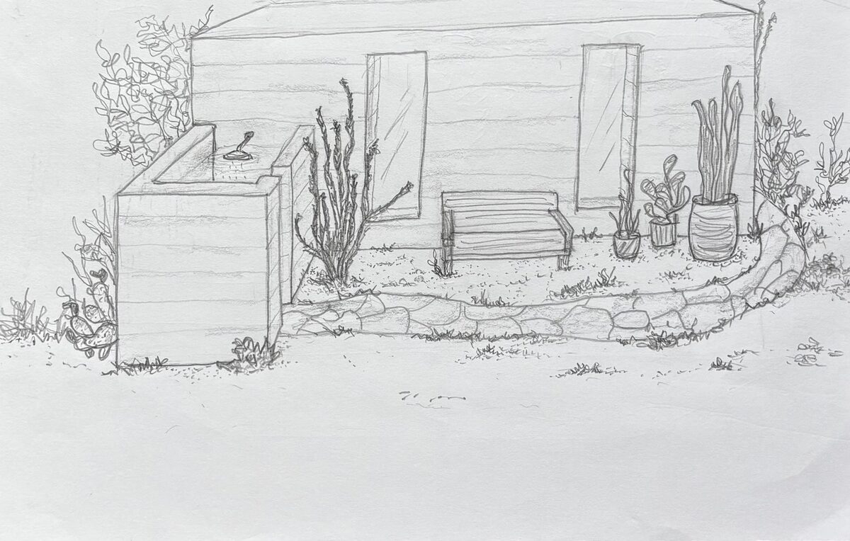Hand-drawn sketch of the large casita back with outdoor shower and bench