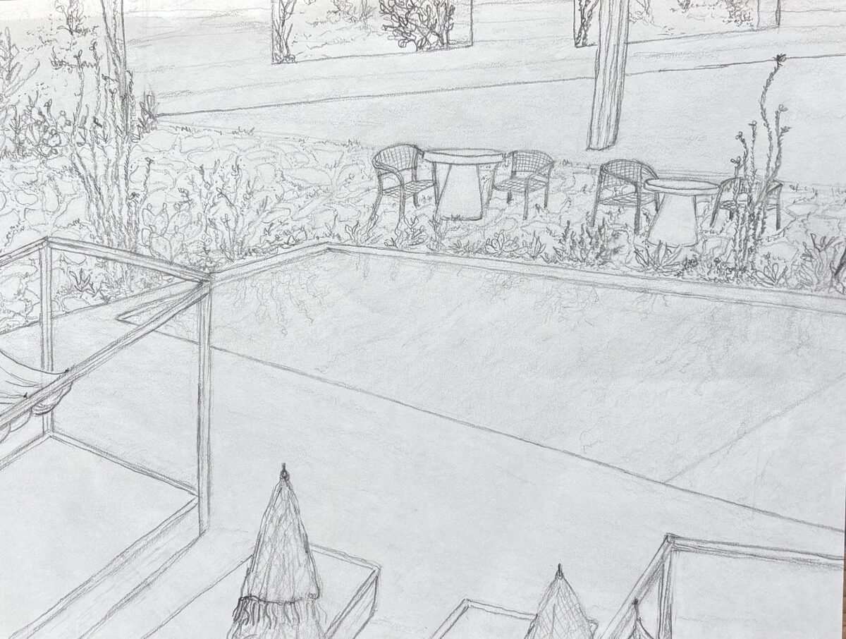 Hand-drawn sketch of the main rainwater pool and lounge terraces