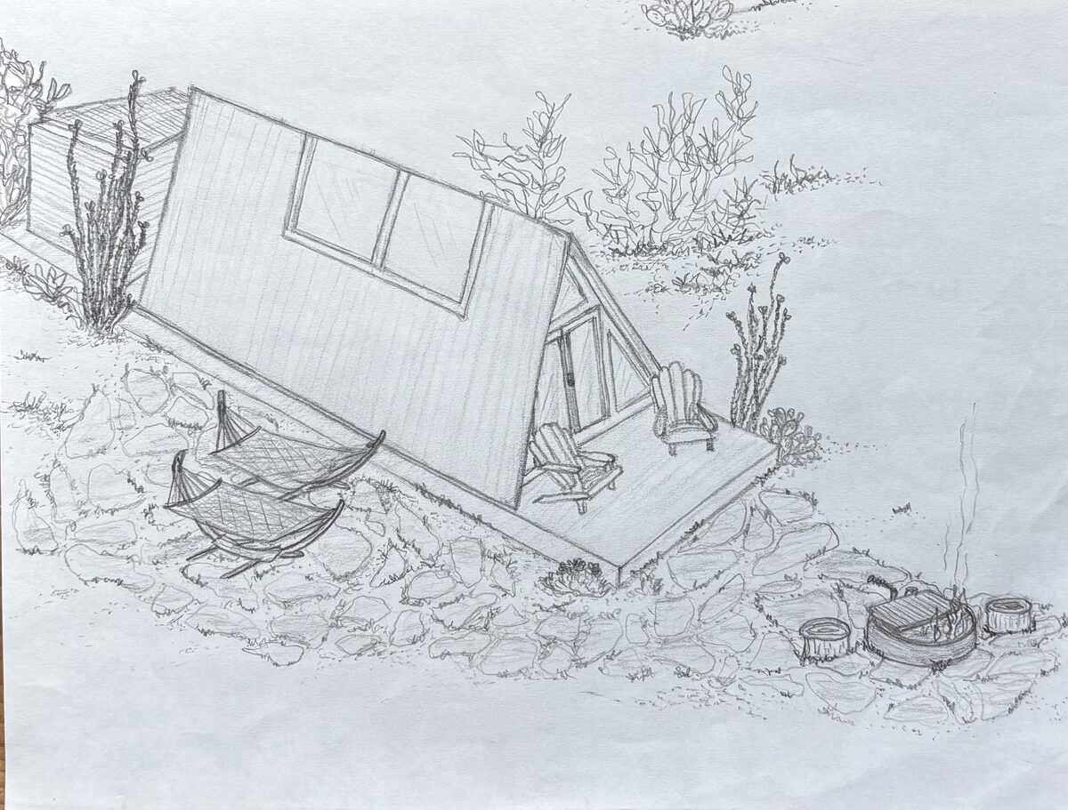 Hand-drawn sketch of the A-frame starbed cabin with hammocks and firepit