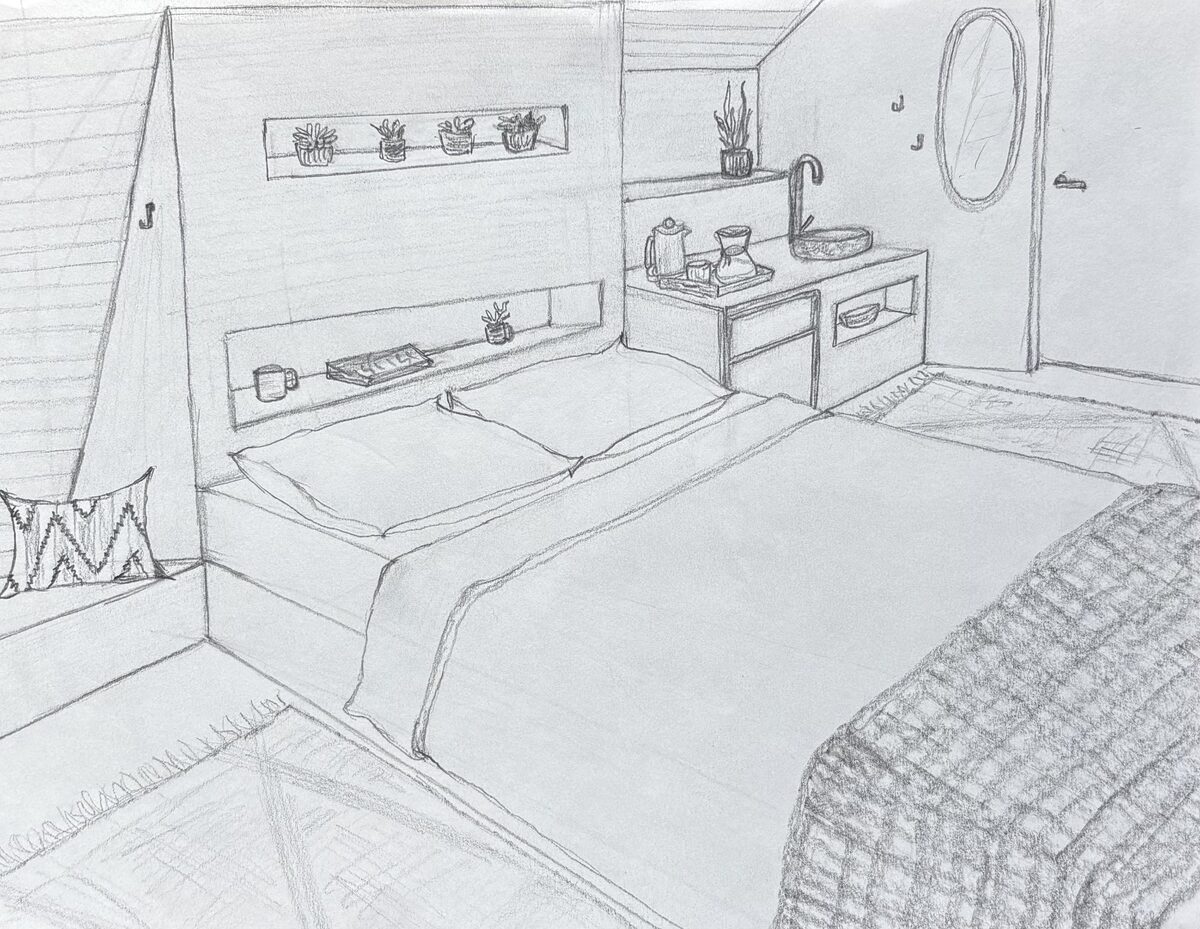 Hand-drawn sketch of the A-frame cabin interior