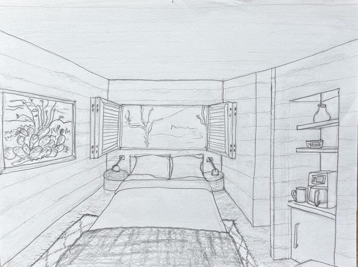Hand-drawn sketch of the casita interior with window shutters