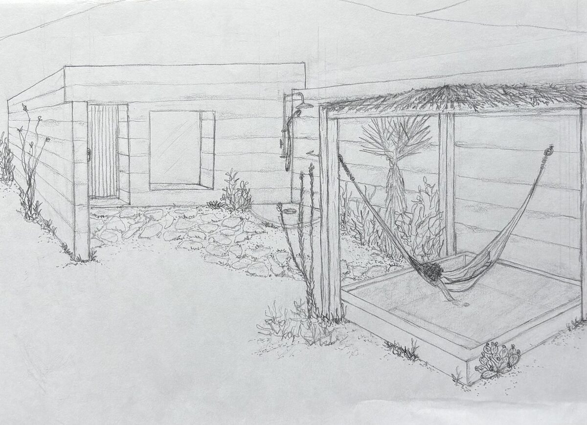 Hand-drawn sketch of the pool casita with hammock and outdoor shower