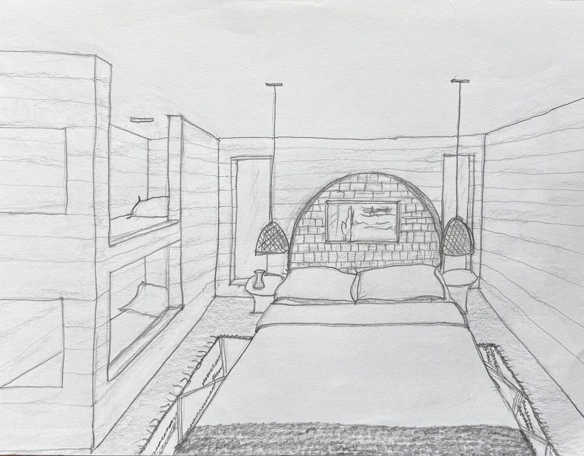 Hand-drawn sketch of the large casita interior with bunks and arched headboard