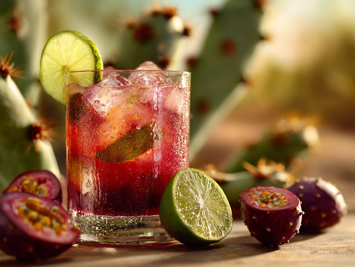 Prickly pear cocktail at golden hour