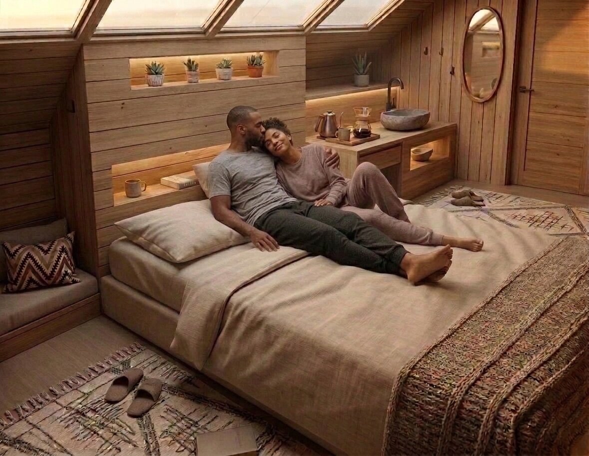 A couple resting in their starbed cabin
