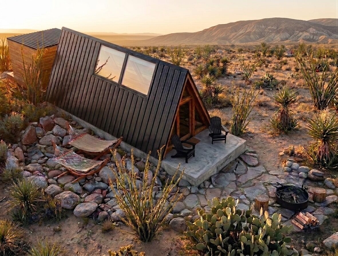 Luxury A-frame starbed cabin at dusk, Diane Lee Resort, Terlingua Texas
