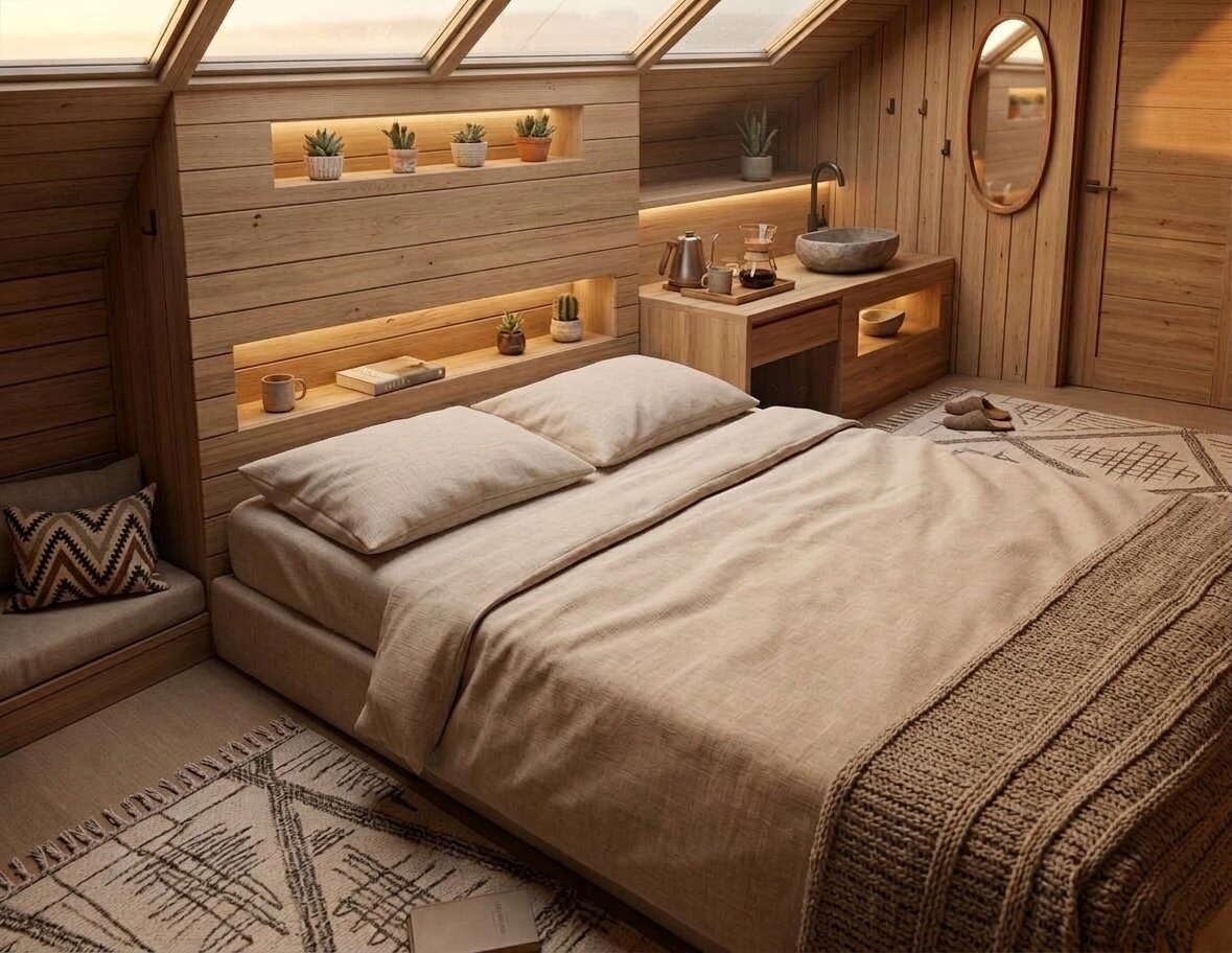 A-frame cabin interior with skylit bed, Big Bend luxury glamping