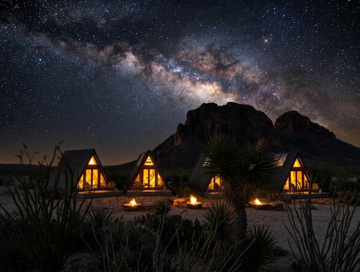 A-frame cabins beneath the Milky Way, Bortle 1 dark sky, Big Bend Texas